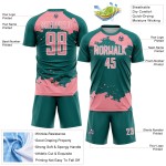 Maglia da calcio personalizzata con stampa a sublimazione di medie dimensioni, motivo astratto, rosa e bianco, frammento verde acqua