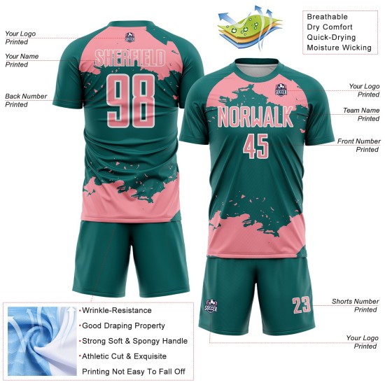 Maglia da calcio personalizzata con stampa a sublimazione di medie dimensioni, motivo astratto, rosa e bianco, frammento verde acqua