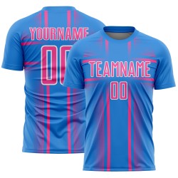 Maglia da calcio personalizzata con stampa sublimatica delle linee blu, uniforme rosa-bianca