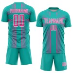 Maglia da calcio personalizzata con linee uniformi rosa-bianche, stampa a sublimazione, acquamarina