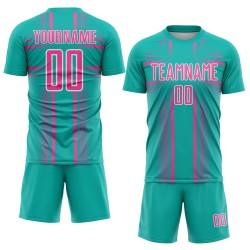 Maglia da calcio personalizzata con linee uniformi rosa-bianche, stampa a sublimazione, acquamarina
