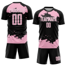Maglia da calcio nera, frammento di luce astratta rosa-bianca, uniforme, sublimazione artistica personalizzata