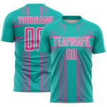 Maglia da calcio personalizzata con linee uniformi rosa-bianche, stampa a sublimazione, acquamarina