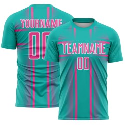 Maglia da calcio personalizzata con linee uniformi rosa-bianche, stampa a sublimazione, acquamarina