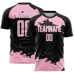 Maglia da calcio nera, frammento di luce astratta rosa-bianca, uniforme, sublimazione artistica personalizzata