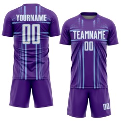 Maglia da calcio personalizzata con stampa sublimatica blu e viola, divisa da calcio bianca e chiara