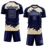 Maglia da calcio personalizzata con frammento astratto, stampata a sublimazione, uniforme blu navy, crema e bianco