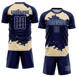 Maglia da calcio personalizzata con frammento astratto, stampata a sublimazione, uniforme blu navy, crema e bianco
