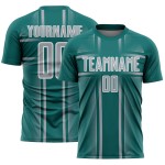 Maglia da calcio con linee uniformi, colore grigio-verde acqua e bianco, stampata a sublimazione personalizzata