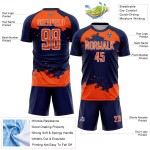 Maglia da calcio Fragment personalizzata arancione-bianca con motivo astratto blu navy, stampata a sublimazione