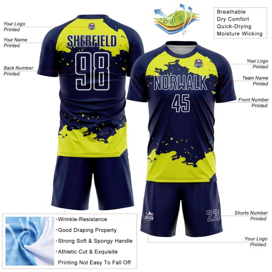 Maglia personalizzata, uniforme, arte, giallo-bianco, neon, astratto, calcio, frammento blu navy, sublimazione