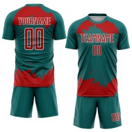 Frammento astratto di maglia da calcio personalizzata in rosso-verde acqua e bianco, sublimazione artistica