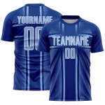 Maglia da calcio personalizzata Royal Soccer con linee chiare stampate a sublimazione, blu e bianco
