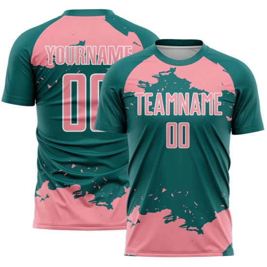 Maglia da calcio personalizzata con stampa a sublimazione di medie dimensioni, motivo astratto, rosa e bianco, frammento verde acqua