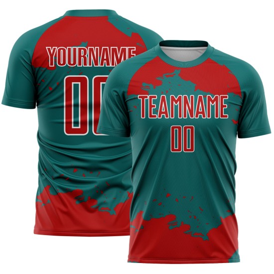 Frammento astratto di maglia da calcio personalizzata in rosso-verde acqua e bianco, sublimazione artistica