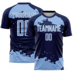 Maglia da calcio blu navy-bianca personalizzata con frammento di sublimazione, arte uniforme