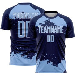 Maglia da calcio blu navy-bianca personalizzata con frammento di sublimazione, arte uniforme