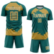 Frammento di arte astratta della vecchia maglia con sublimazione, uniforme da calcio personalizzata in oro e bianco, verde acqua