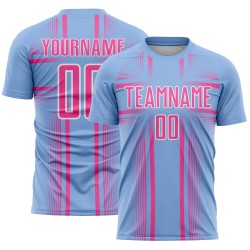 Maglia da calcio uniforme rosa chiaro-bianco blu con linee personalizzate per sublimazione