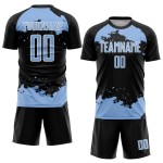 Maglia da calcio personalizzata con motivo astratto leggero, stampata a sublimazione, blu-bianco, uniforme nera
