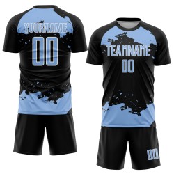 Maglia da calcio personalizzata con motivo astratto leggero, stampata a sublimazione, blu-bianco, uniforme nera