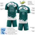 Maglia da calcio personalizzata bianca con sublimazione di frammenti astratti, colore verde acqua