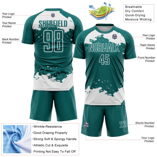 Maglia da calcio personalizzata bianca con sublimazione di frammenti astratti, colore verde acqua