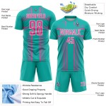 Maglia da calcio personalizzata con linee uniformi rosa-bianche, stampa a sublimazione, acquamarina