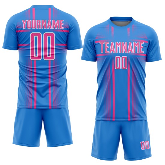 Maglia da calcio personalizzata con stampa sublimatica delle linee blu, uniforme rosa-bianca