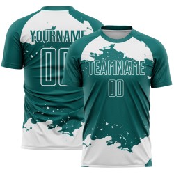 Maglia da calcio personalizzata bianca con sublimazione di frammenti astratti, colore verde acqua