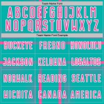 Maglia da calcio personalizzata con linee uniformi rosa-bianche, stampa a sublimazione, acquamarina