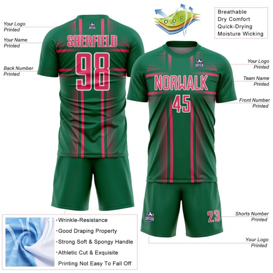 Maglia da calcio personalizzata con stampa a sublimazione al neon, linee Kelly Green, uniforme rosa-bianca