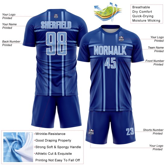 Maglia da calcio personalizzata Royal Soccer con linee chiare stampate a sublimazione, blu e bianco
