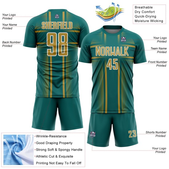 Maglia da calcio personalizzata Old Lines Sublimation Uniform Teal Oro-Bianco