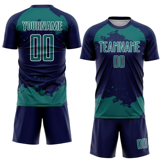 Frammento di sublimazione astratta personalizzata maglia blu navy uniforme da calcio arte verde acqua-bianco
