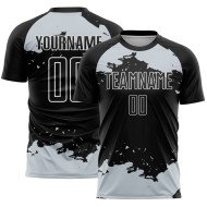 Frammento di maglia da calcio nera personalizzata con stampa sublimatica in bianco e argento
