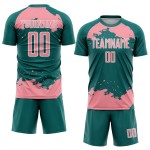 Maglia da calcio personalizzata con stampa a sublimazione di medie dimensioni, motivo astratto, rosa e bianco, frammento verde acqua