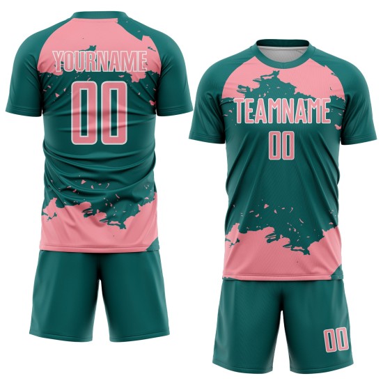 Maglia da calcio personalizzata con stampa a sublimazione di medie dimensioni, motivo astratto, rosa e bianco, frammento verde acqua