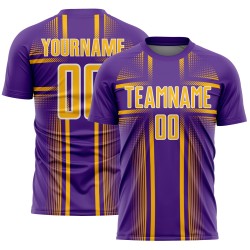 Maglia da calcio personalizzata con linee bianche e oro stampate a sublimazione, uniforme viola