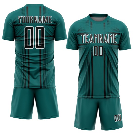Maglia da calcio personalizzata con linee di sublimazione uniformi nero-bianco verde acqua