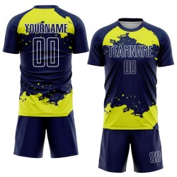 Maglia personalizzata, uniforme, arte, giallo-bianco, neon, astratto, calcio, frammento blu navy, sublimazione
