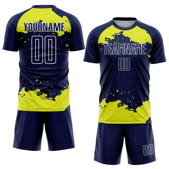 Maglia personalizzata, uniforme, arte, giallo-bianco, neon, astratto, calcio, frammento blu navy, sublimazione