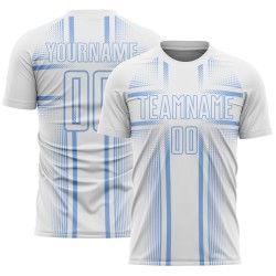 Maglia da calcio bianca con linee azzurre personalizzate con stampa a sublimazione