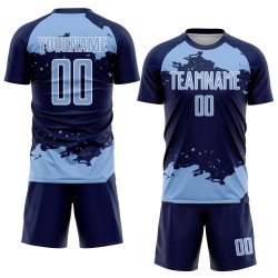 Maglia da calcio blu navy-bianca personalizzata con frammento di sublimazione, arte uniforme