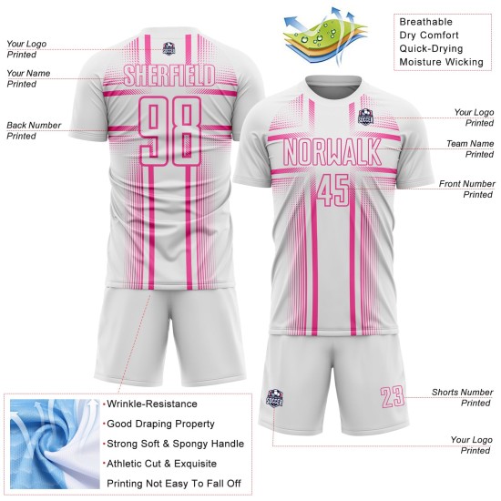 Maglia da calcio con stampa a sublimazione uniforme, linee personalizzate bianche e rosa