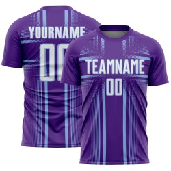 Maglia da calcio personalizzata con stampa sublimatica blu e viola, divisa da calcio bianca e chiara