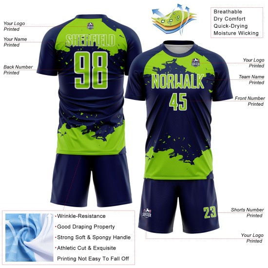 Maglia da calcio Frammento Neon Sublimazione Artistica Uniforme Personalizzata Astratto Blu Navy Verde-Bianco