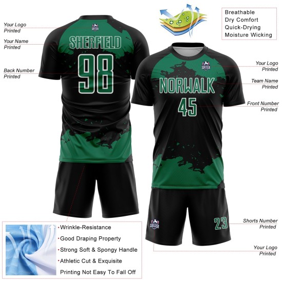 Maglia da calcio Kelly Uniform Black Abstract personalizzata con stampa a sublimazione, frammento verde-bianco