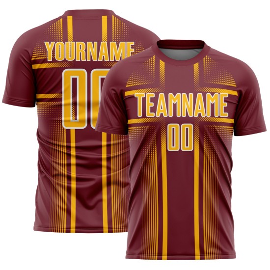 Maglia personalizzata da calcio con stampa sublimatica bordeaux e oro-bianco