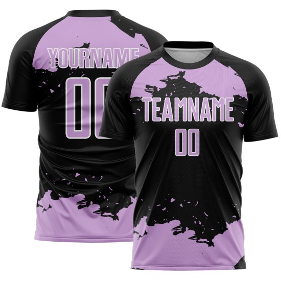Maglia da calcio personalizzata con frammento di uniforme, stampata a sublimazione, nera, viola e bianca, astratta